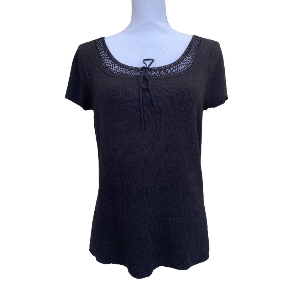 APOSTROPHE Black Short-Sleeved Top with Knit and Tie Neckline. Size M